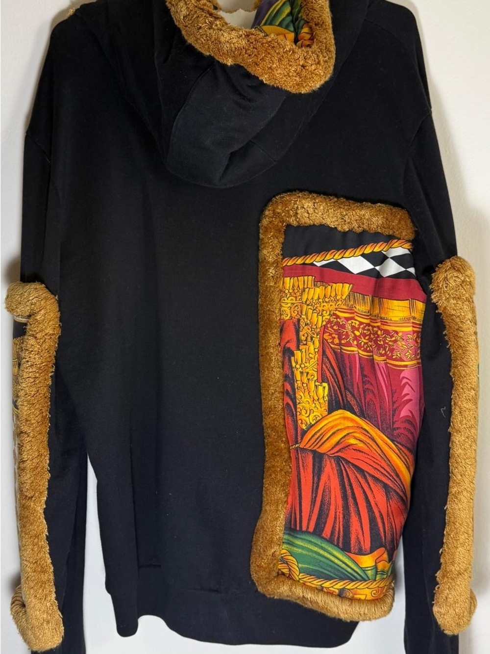 Versace Black Zip-Up Sweater with Gold Trim and Multicolor Baroque Panel